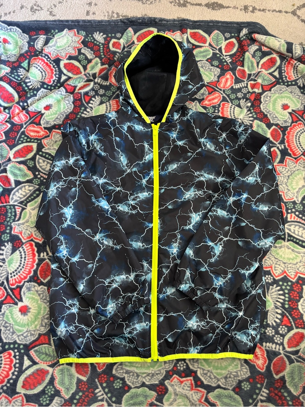 Lands' End Black Lightning-Print Hooded Windbreaker with Neon Yellow Trim